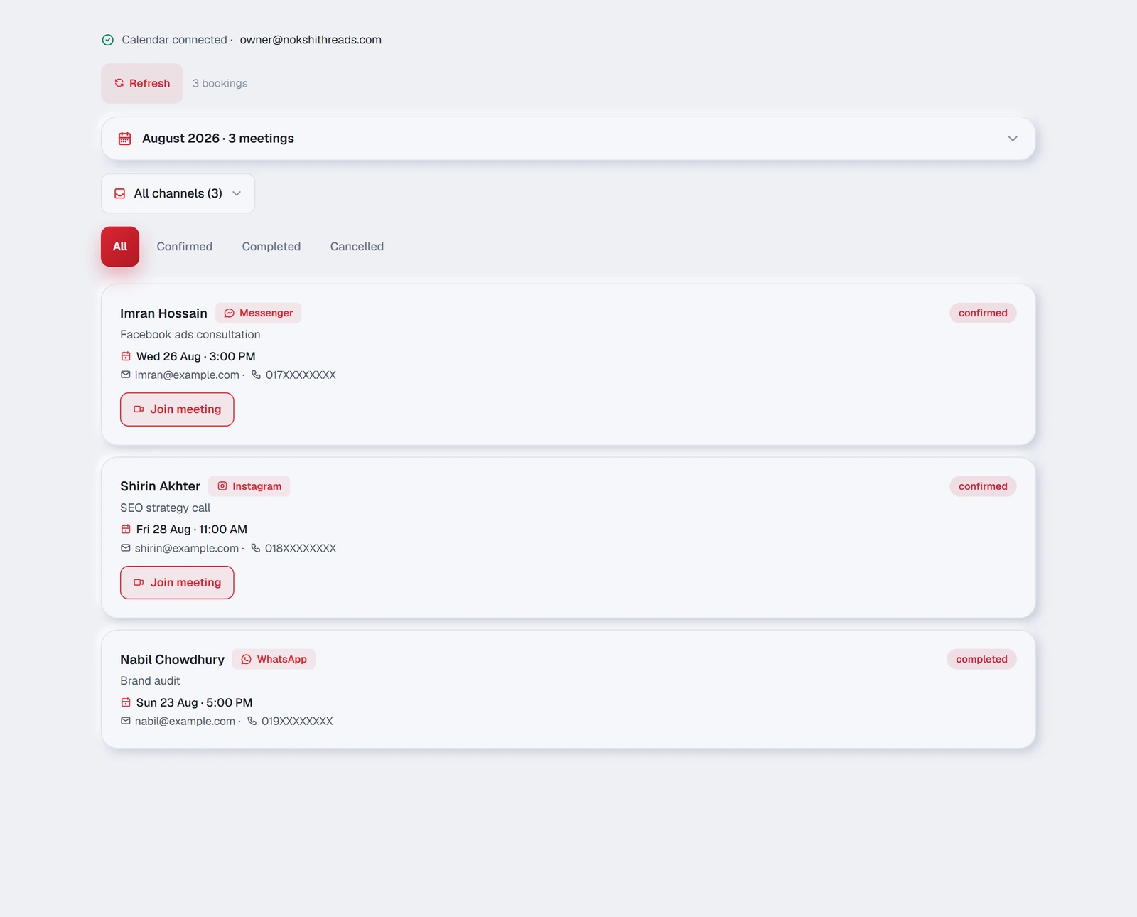 The Bookings tab: the month, each meeting with its time, and a button that opens the Google Meet link.