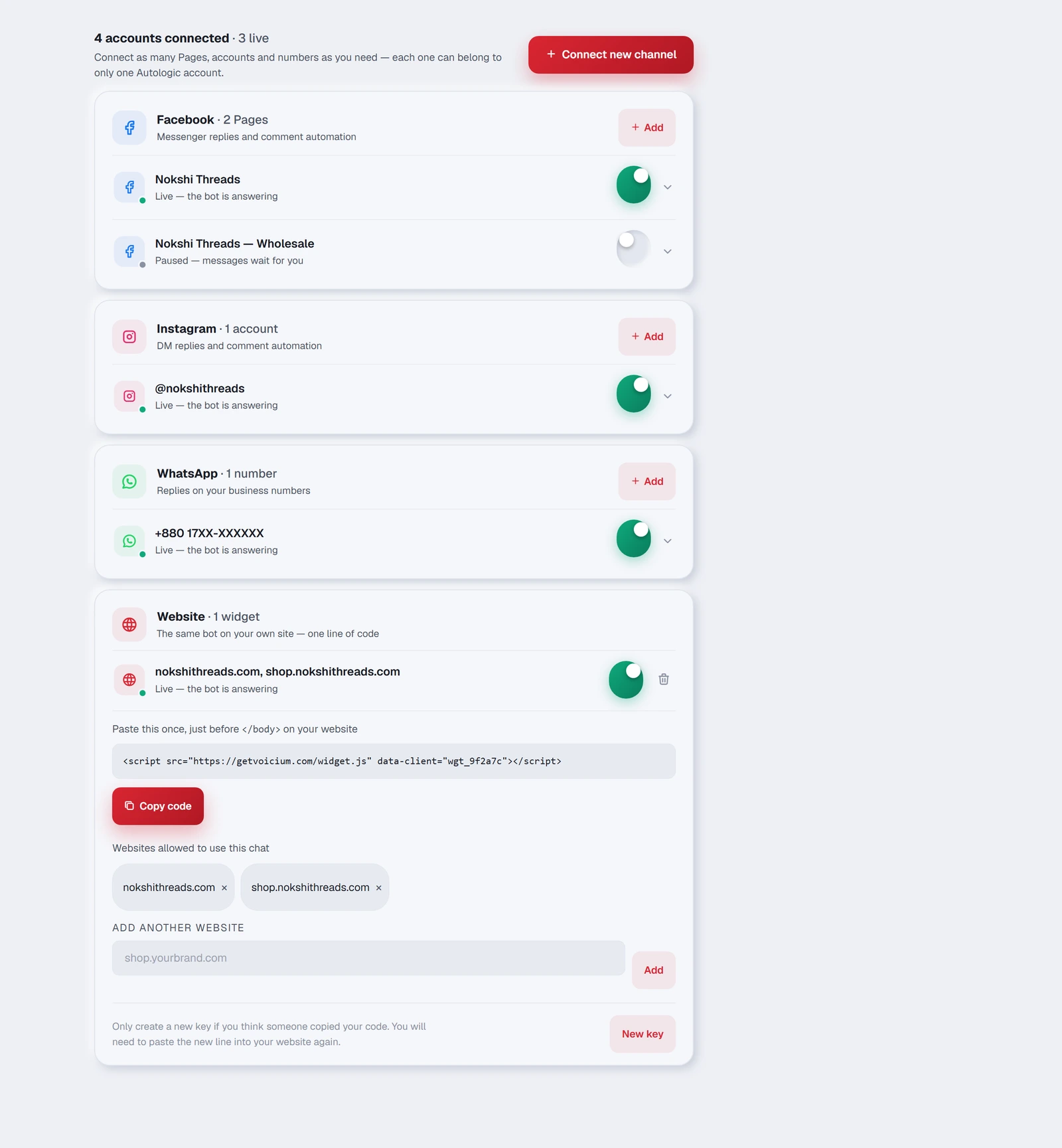 Two Facebook Pages, an Instagram account, a WhatsApp number and a website widget — one of the Pages paused.