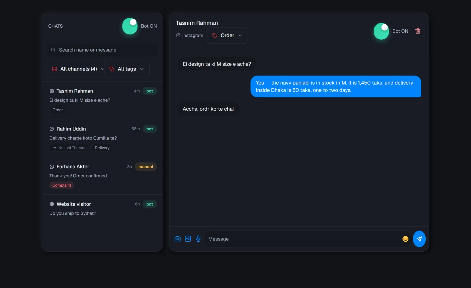 The chat list on the left with its bot and manual badges, and the open conversation on the right.