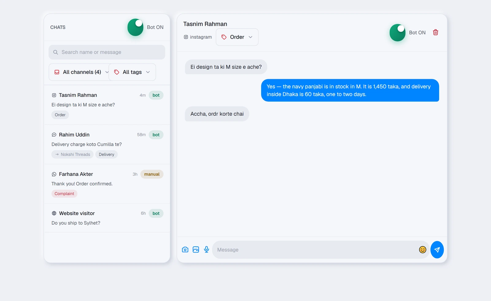 The chat list on the left with its bot and manual badges, and the open conversation on the right.