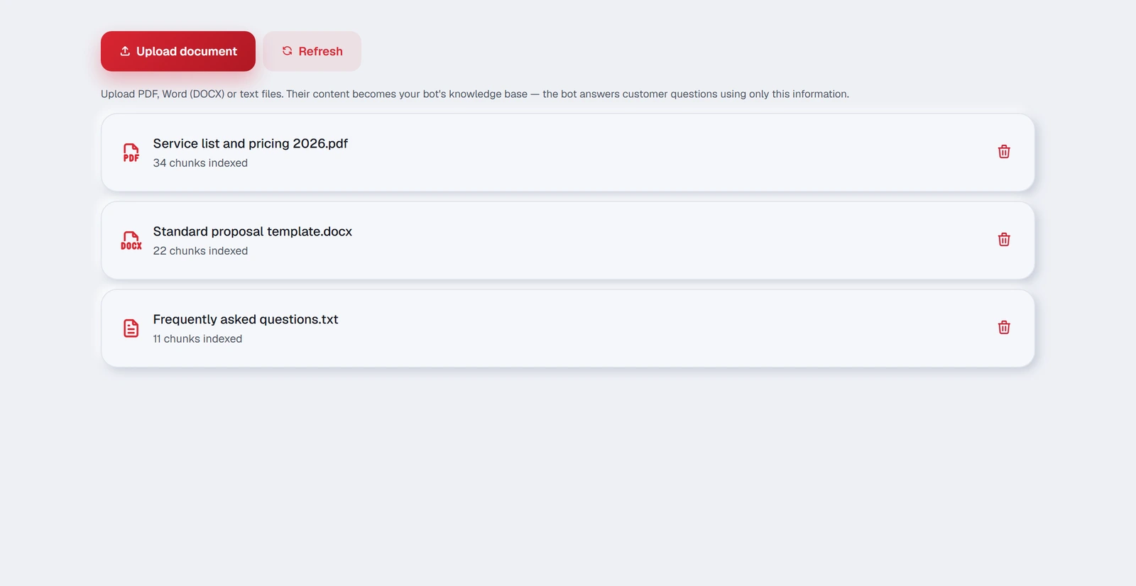 The Knowledge Base tab: the documents your bot answers from.