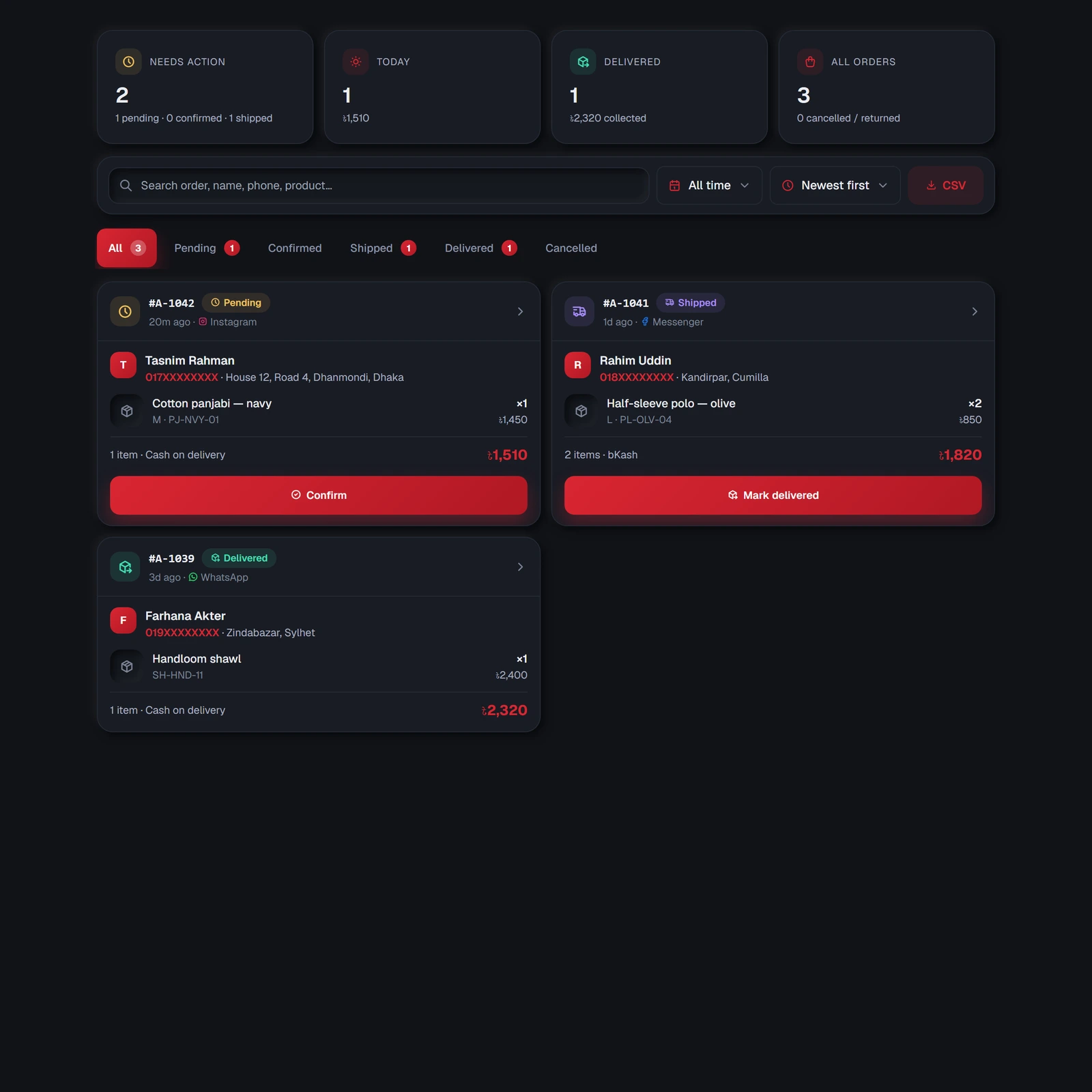The Orders tab: Needs action first, then every order with its status and next button.