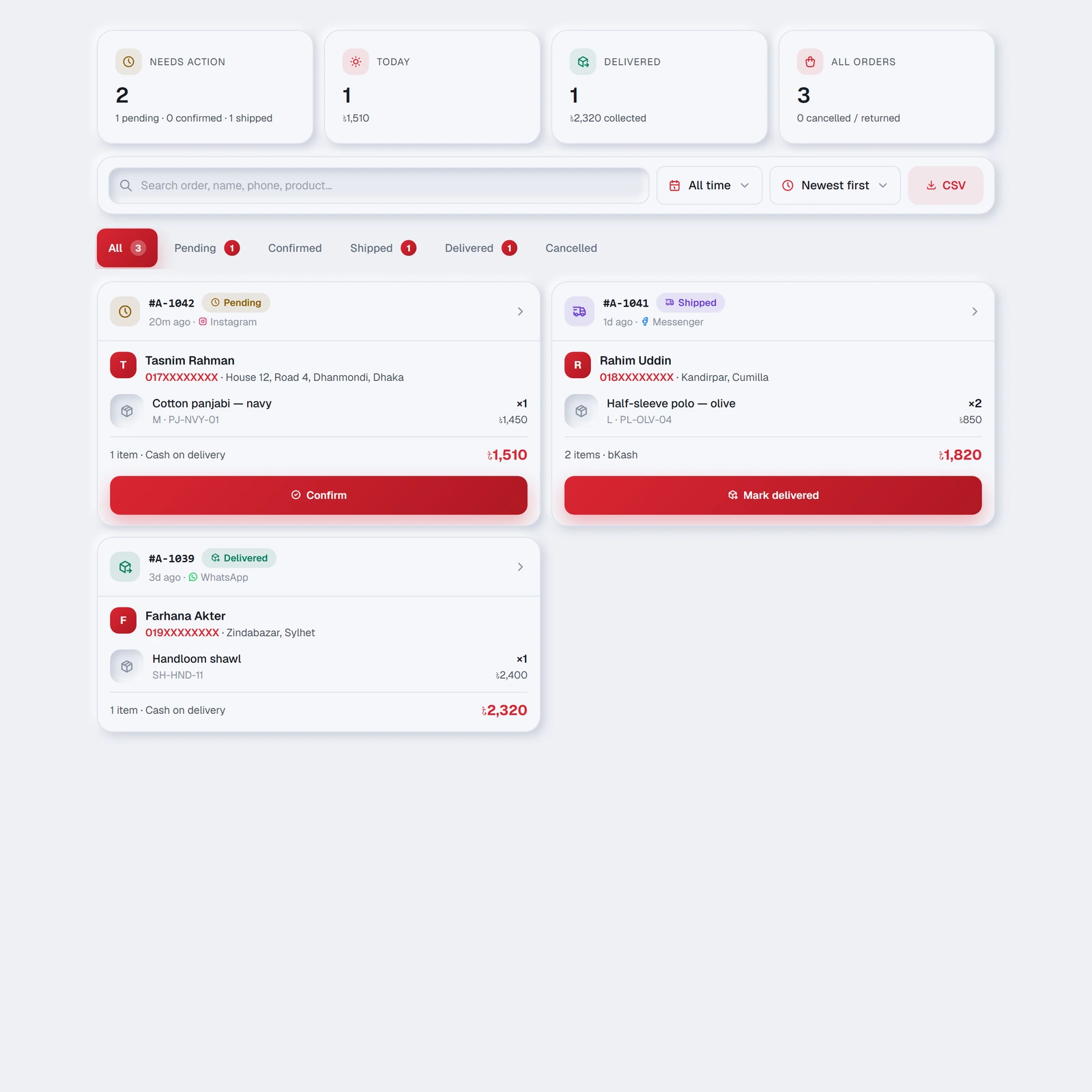 The Orders tab: Needs action first, then every order with its status and next button.