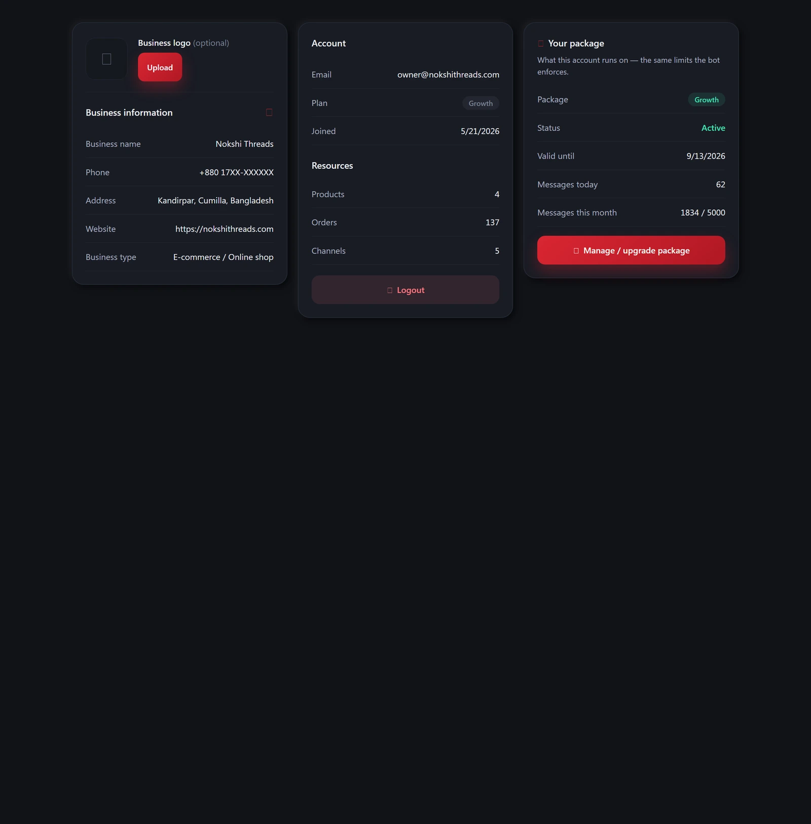 Your business details on the left, your package on the right.