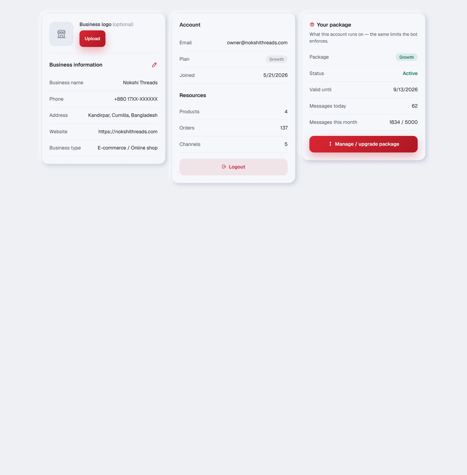 Your business details on the left, your package on the right.