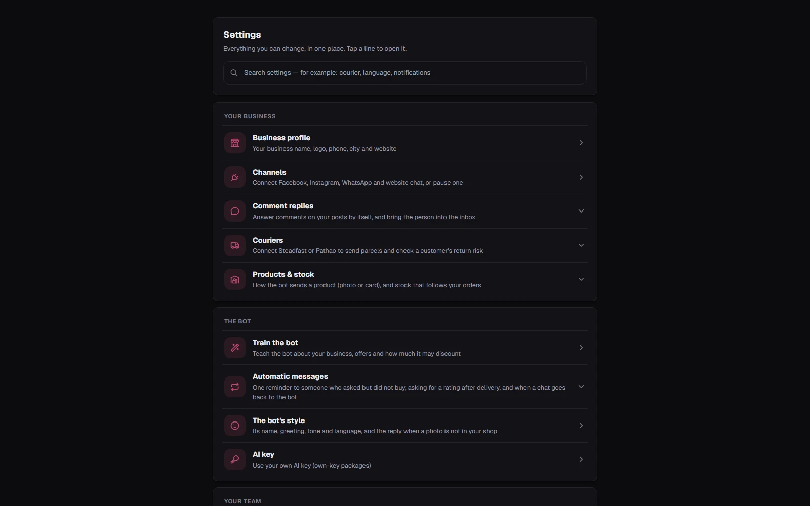 Settings: every setting grouped, each with one line saying what it does, and a search box that finds one by any word.